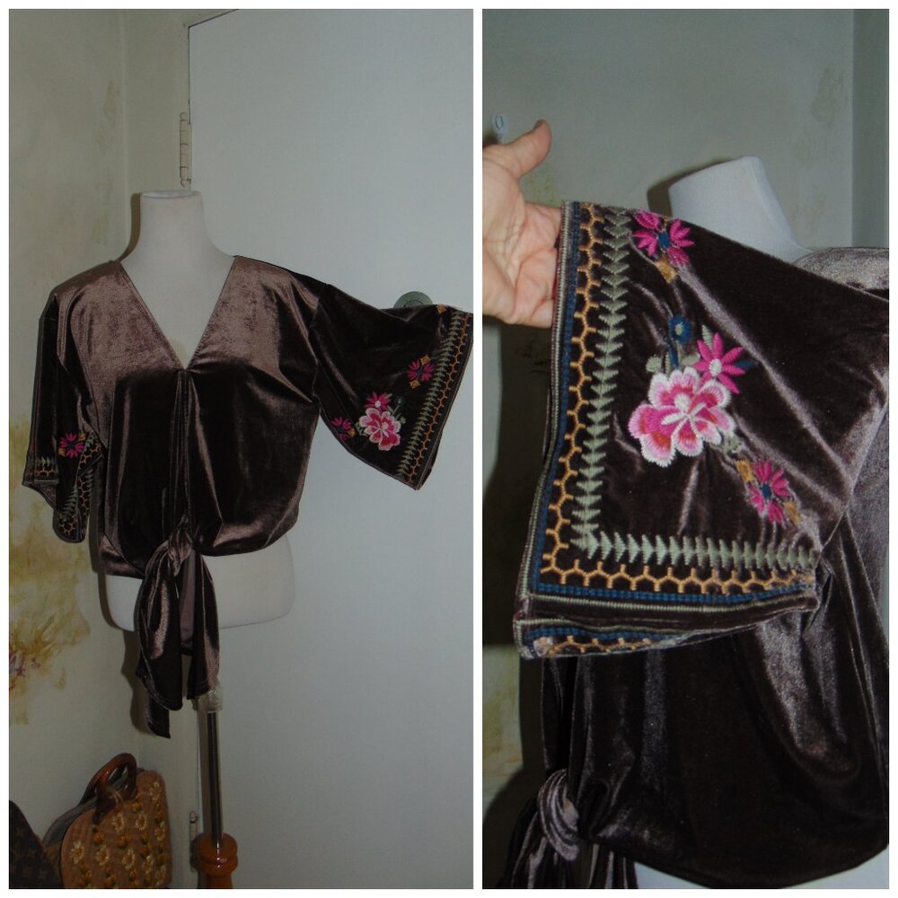 Lovestitch Peasant Blouse Velvet/Cotton Embroidered Bohemian Women's Small